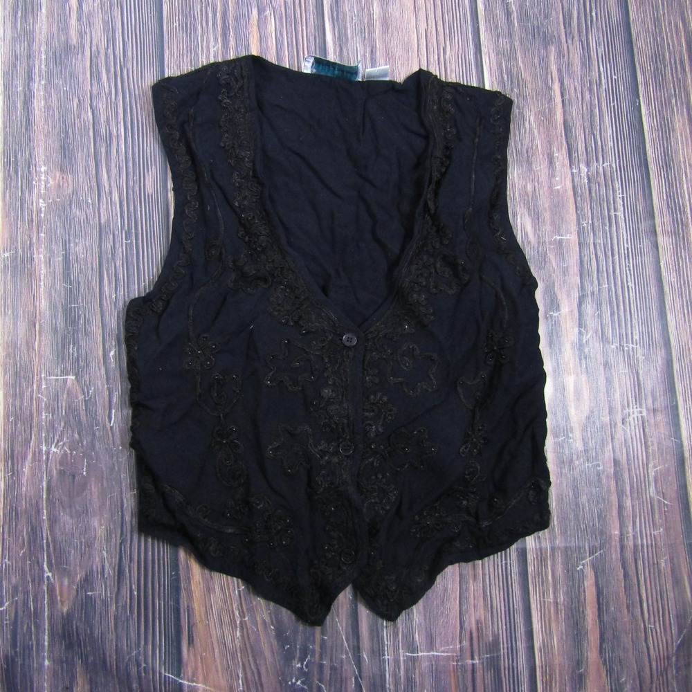 Passports Pier 1 Imports Vest Womens M Black Lace Embroidered Belted Boho Lined